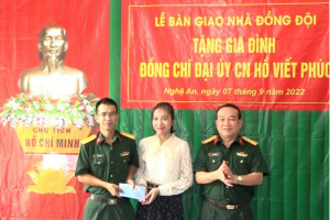 Đại tá Phan Gia Thuận - Bí thư Đảng ủy, Chính ủy Cục Kỹ thuật QK4 trao quà cho gia đình Đại úy QNCN Hồ Viết Phúc. Ảnh: Huy Cường